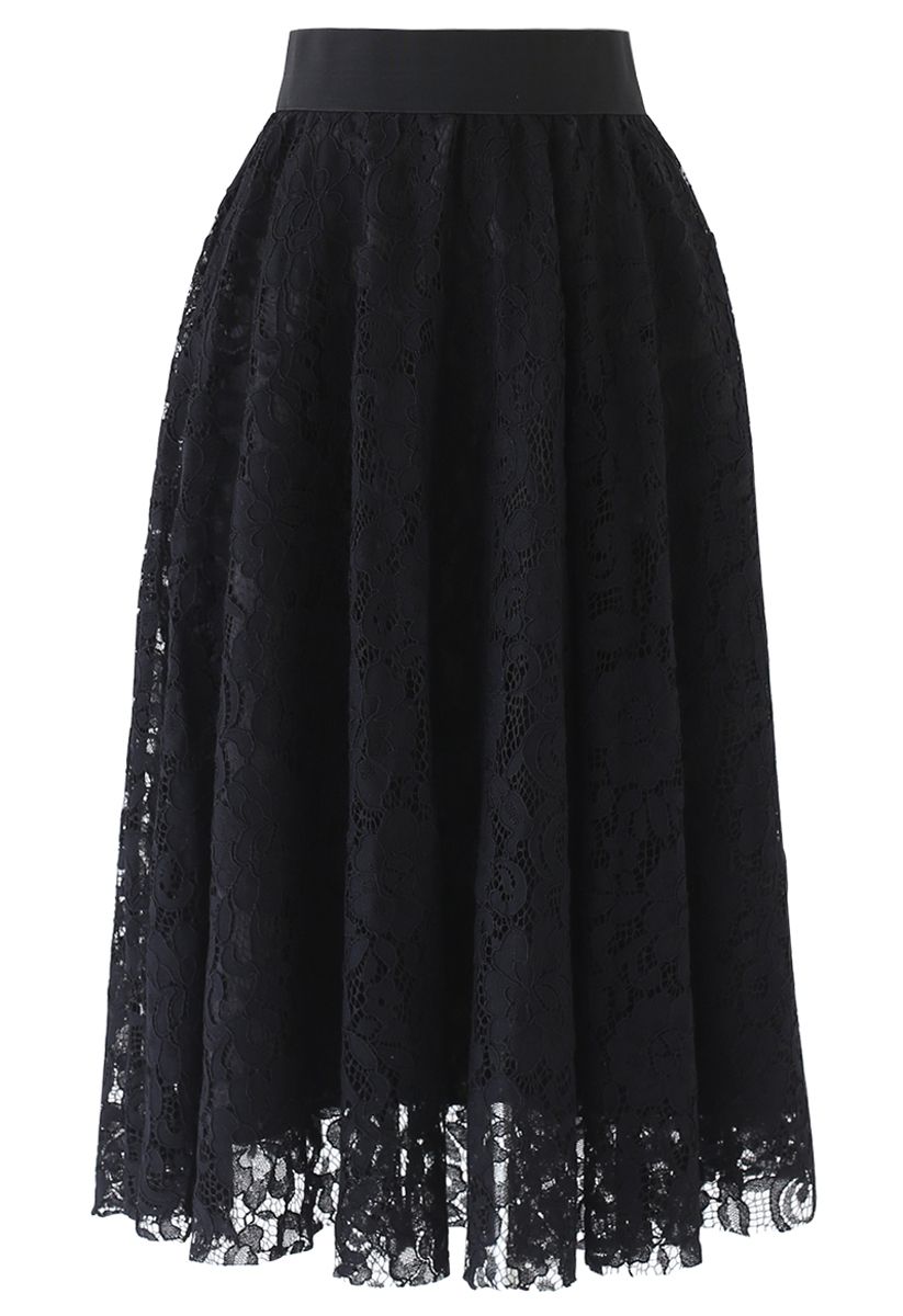 Full Floral Lace Midi Skirt in Black