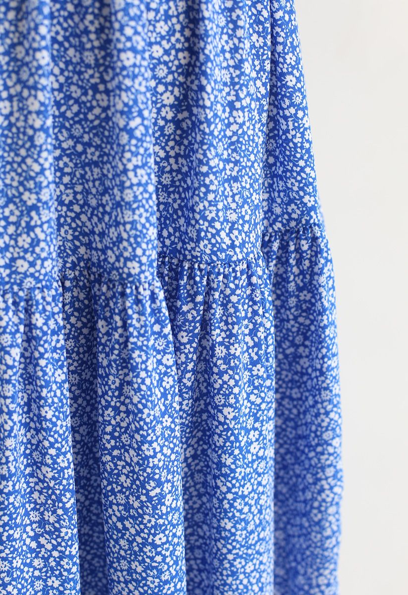 Richly Floret Dots Shirred Maxi Dress in Blue