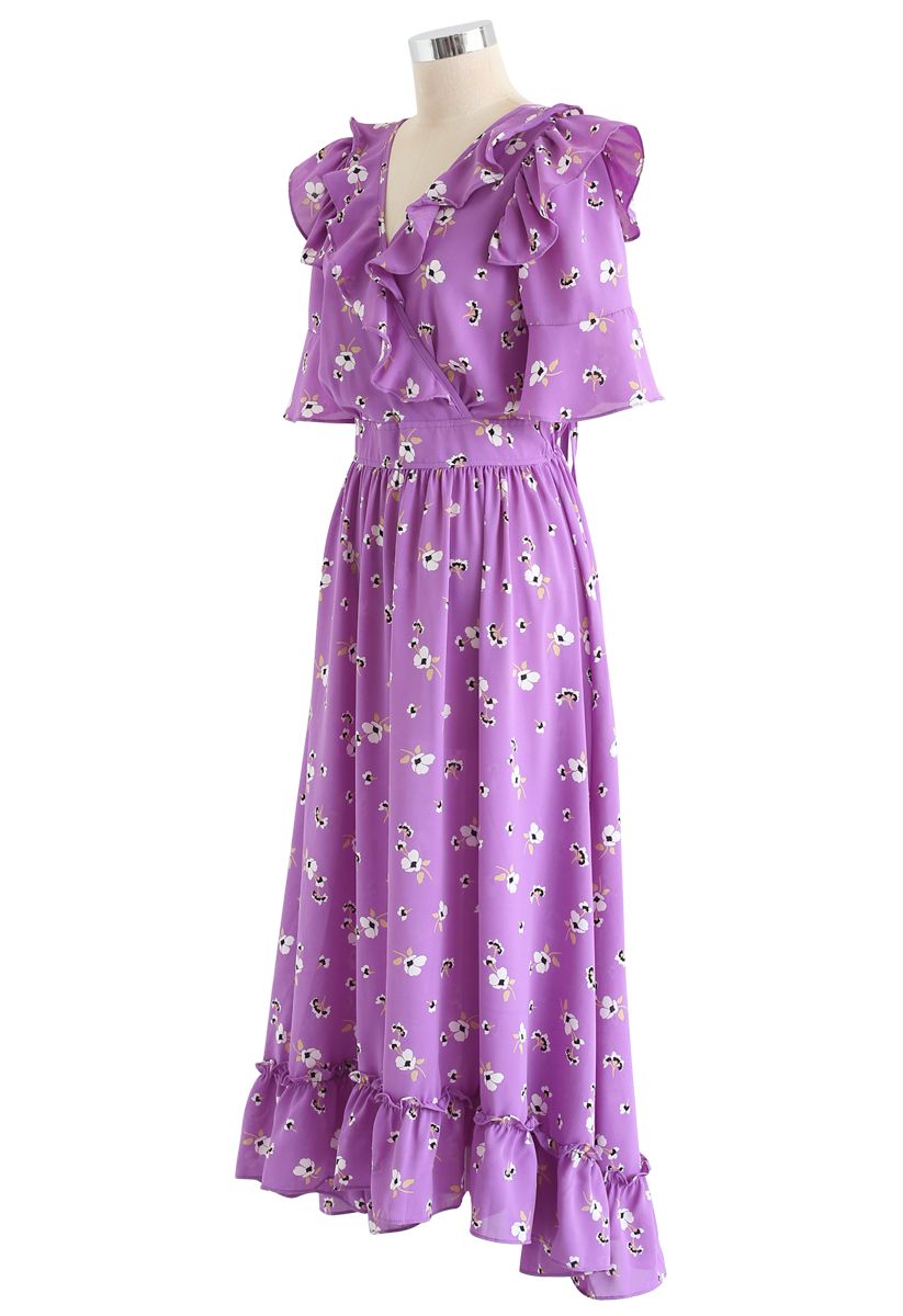 Aflutter Bouquets Print Wrap Maxi Dress in Purple