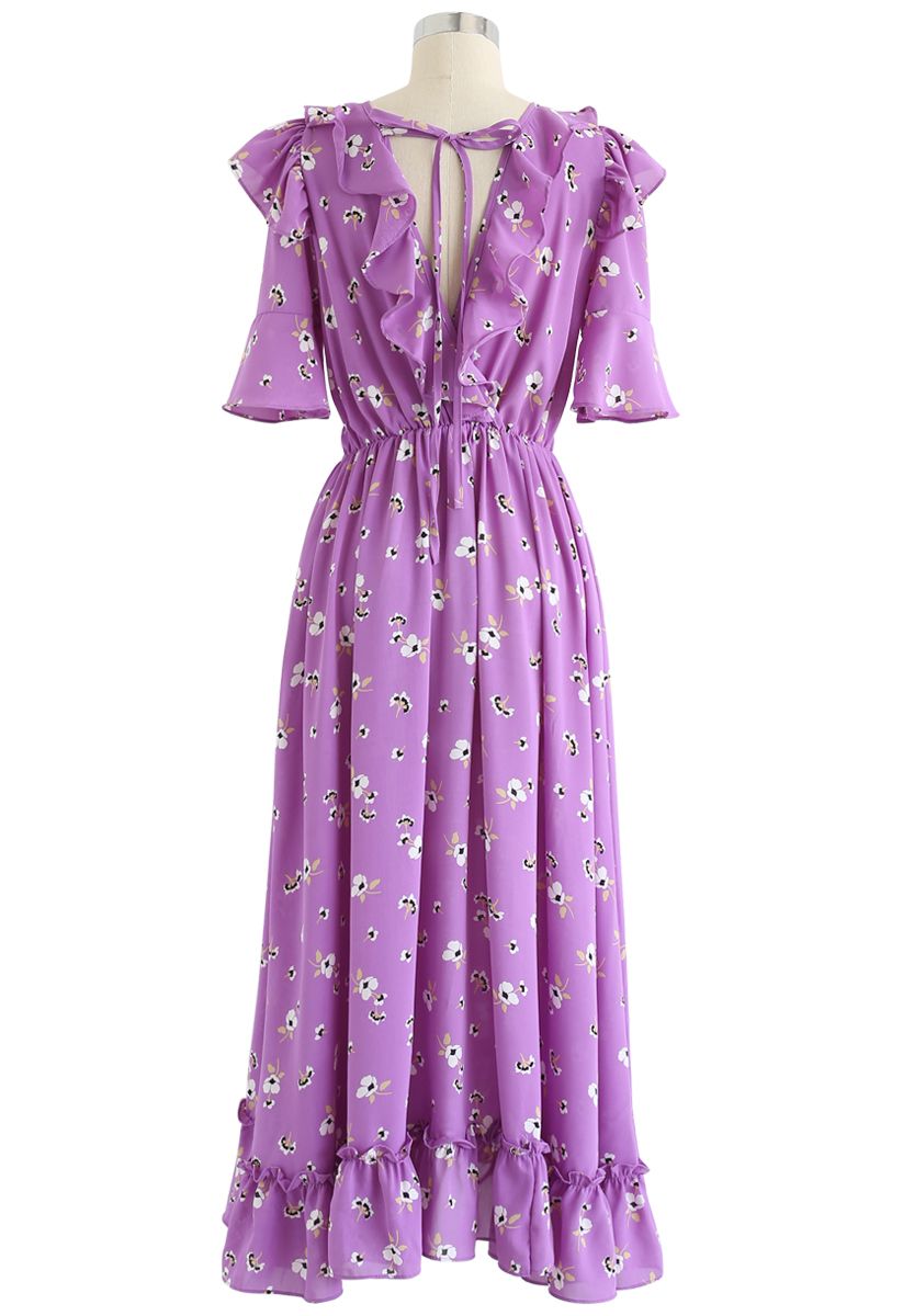 Aflutter Bouquets Print Wrap Maxi Dress in Purple