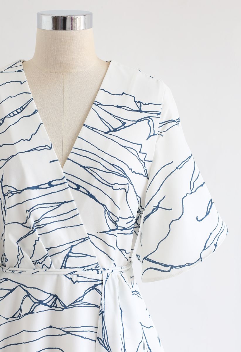 Abstract Lines Print Wrap Midi Dress