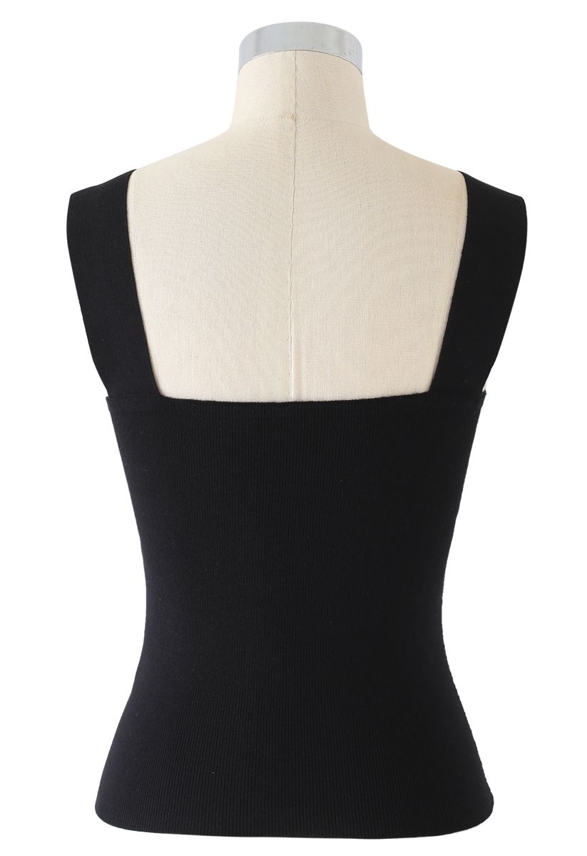 Twist Bust Ribbed Knit Cami Top in Black