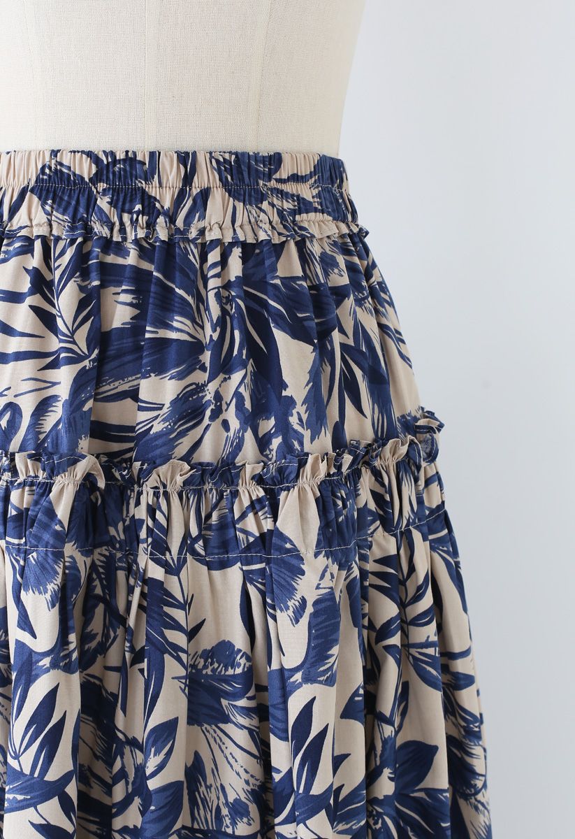 Leaves Print Ruffle Pleated Midi Skirt