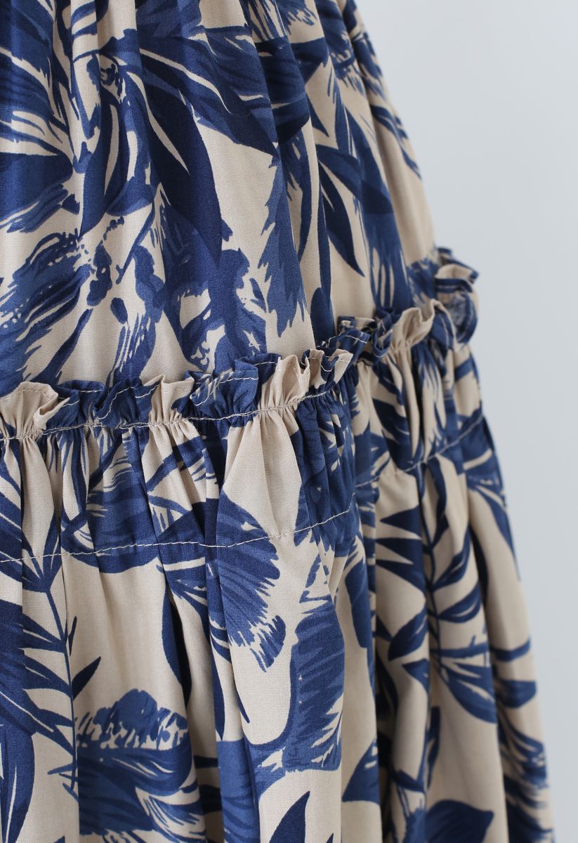 Leaves Print Ruffle Pleated Midi Skirt