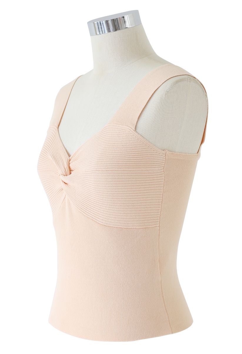 Twist Bust Ribbed Knit Cami Top in Peach