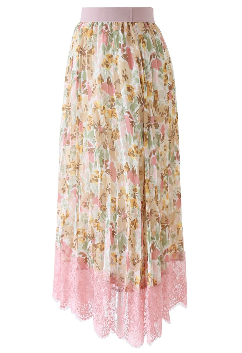 Lace Hem Floral Watercolor Pleated Chiffon Skirt in Pink