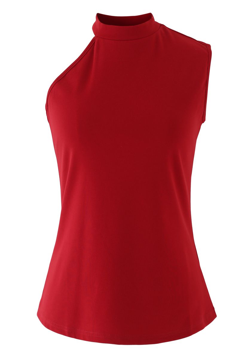 One Shoulder Fitted Cotton Halter Tank Top in Red