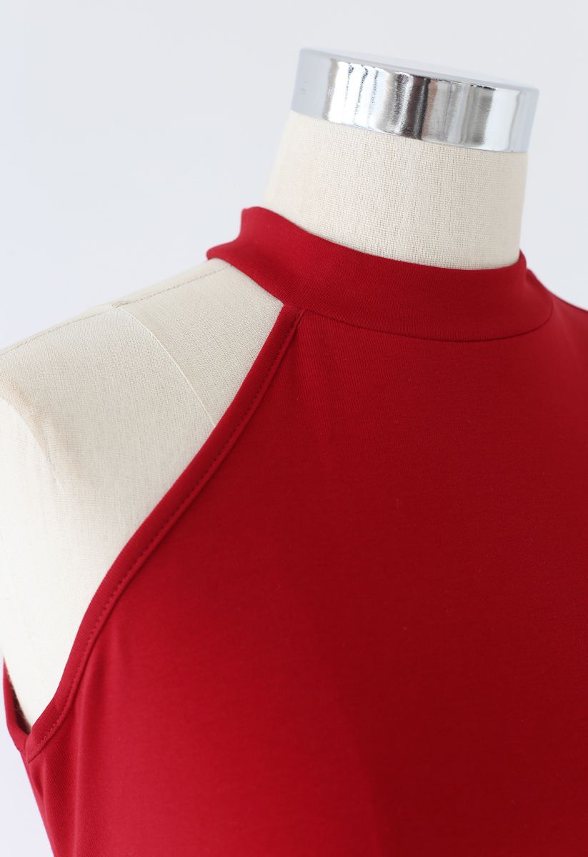 One Shoulder Fitted Cotton Halter Tank Top in Red