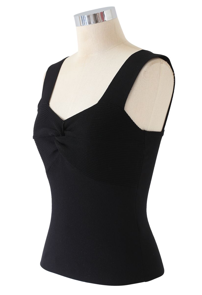 Twist Bust Ribbed Knit Cami Top in Black