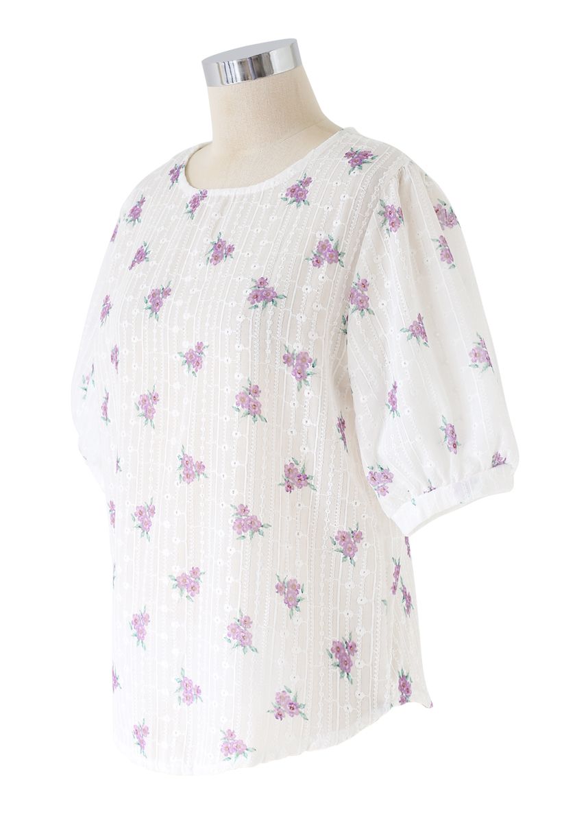 Purple Posy Print Embroidery Eyelet Top