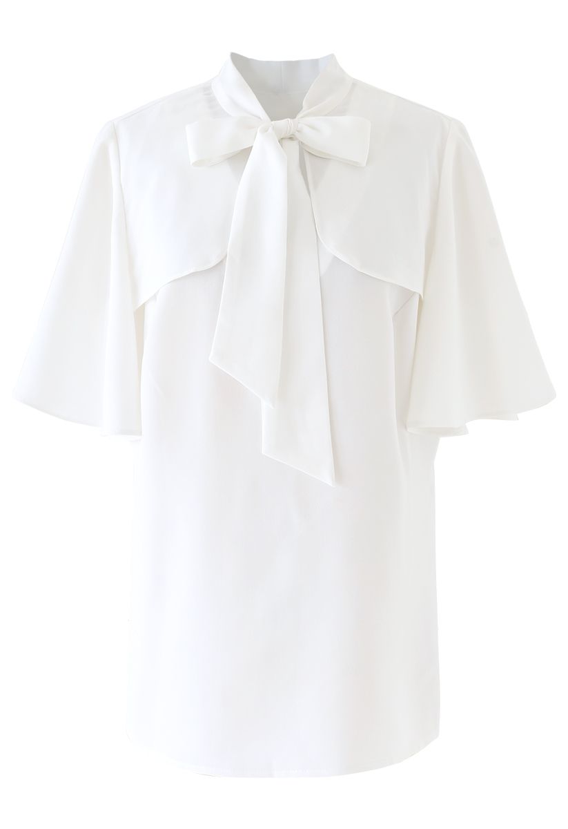 Bow Tie Flare Sleeves V-Neck Top in White
