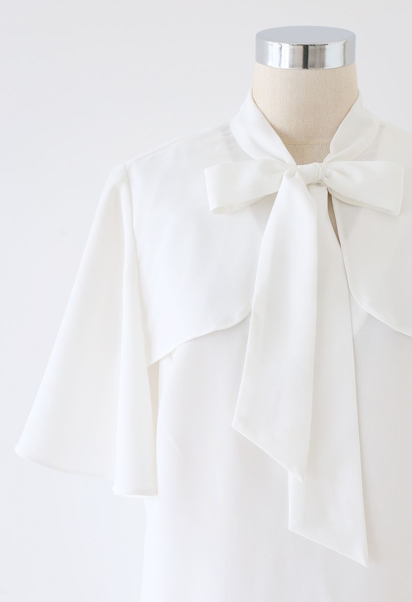 Bow Tie Flare Sleeves V-Neck Top in White