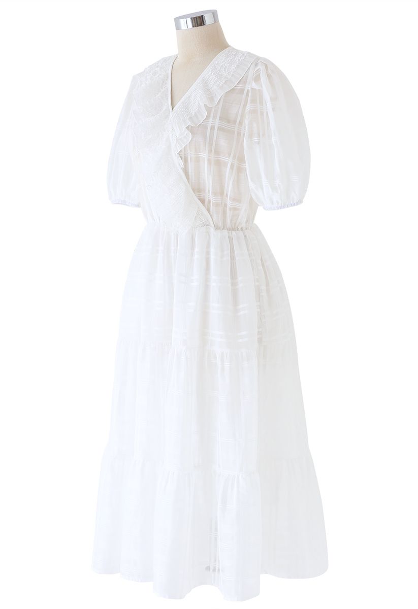 Lace Trim Plaid Organza Dress in White