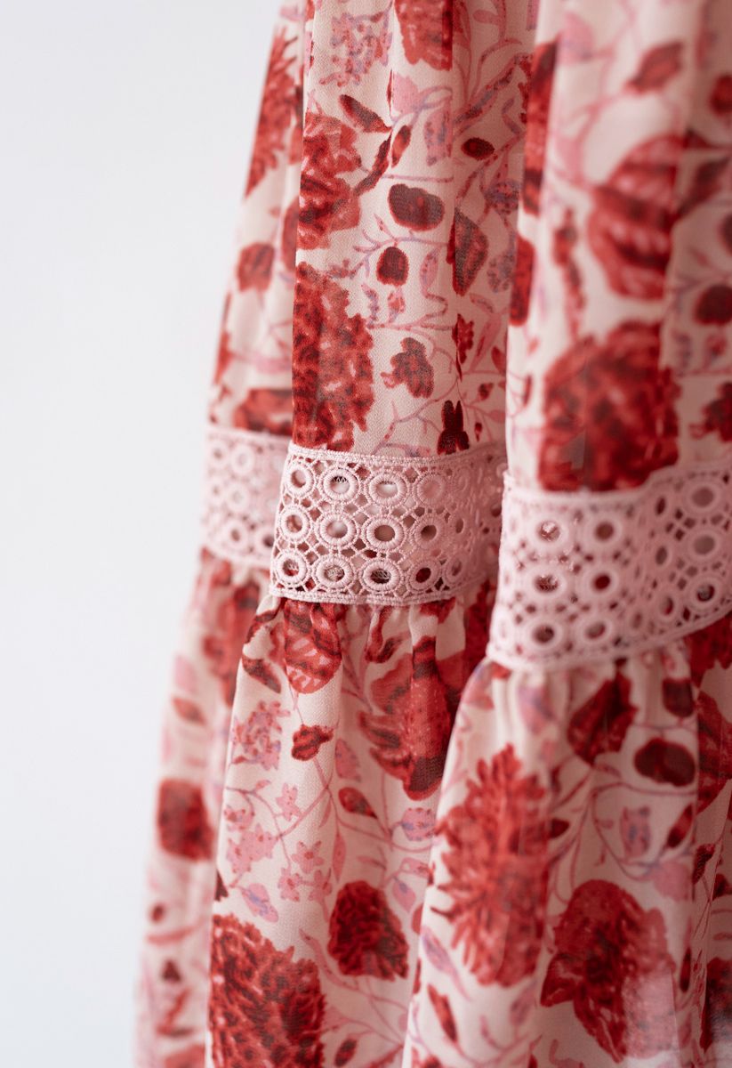 Red Floral Crochet Frilling Chiffon Dress