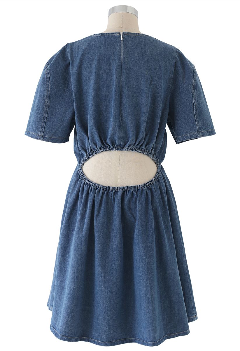 Open-Waisted Hi-Lo Denim Midi Dress in Blue