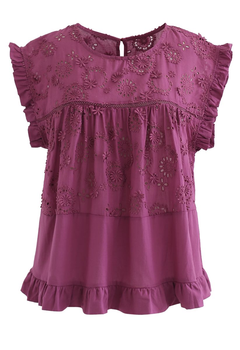 Embroidered Sunflower Eyelet Ruffle Top in Berry