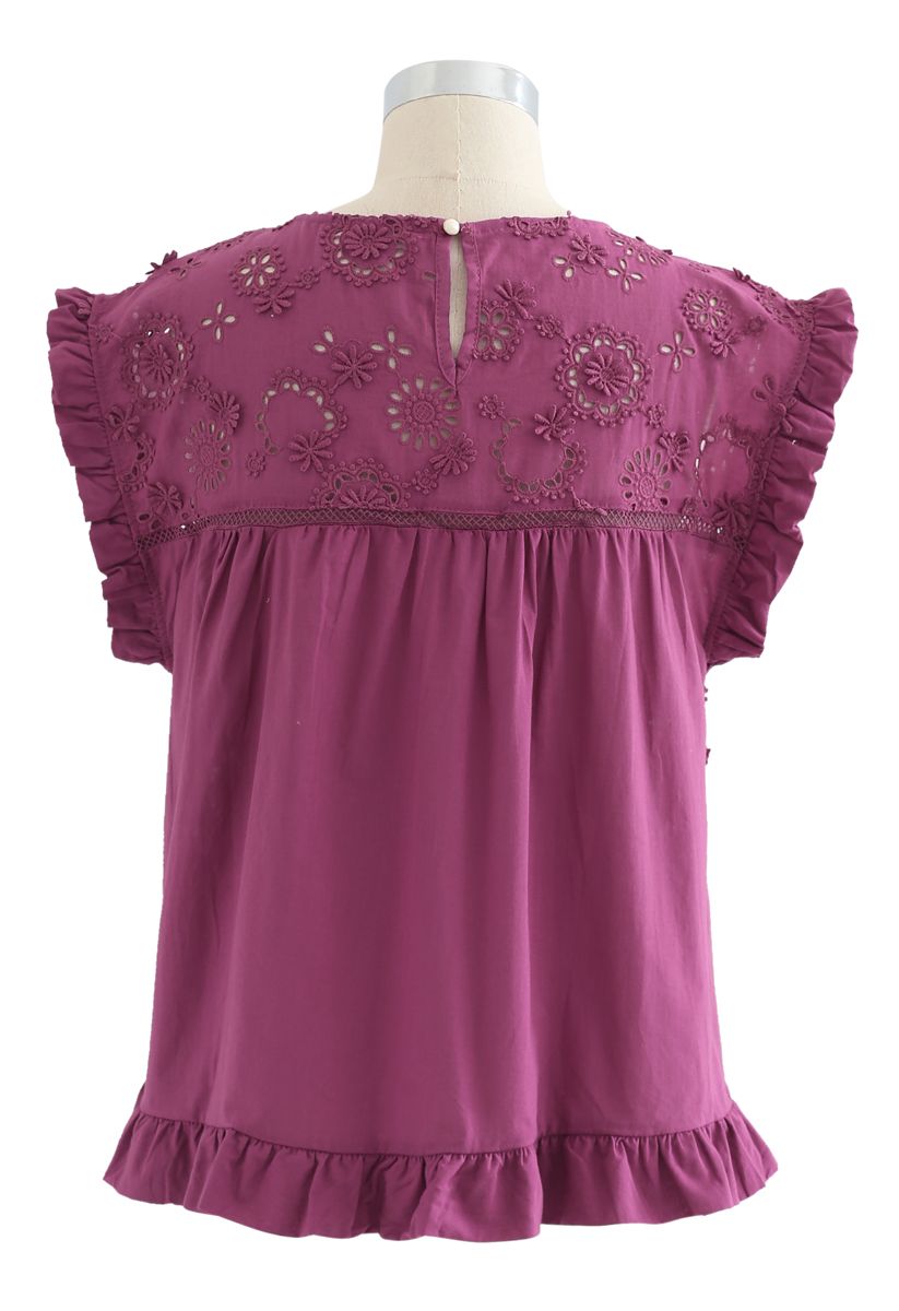 Embroidered Sunflower Eyelet Ruffle Top in Berry
