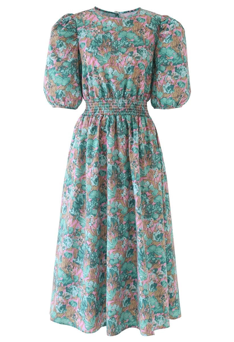 Floral Print Puff Sleeves Midi Dress in Green