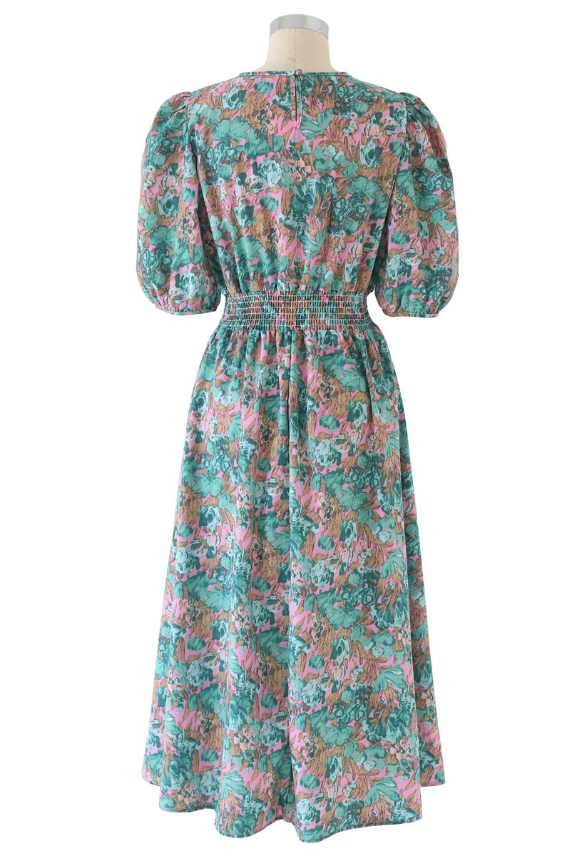 Floral Print Puff Sleeves Midi Dress in Green