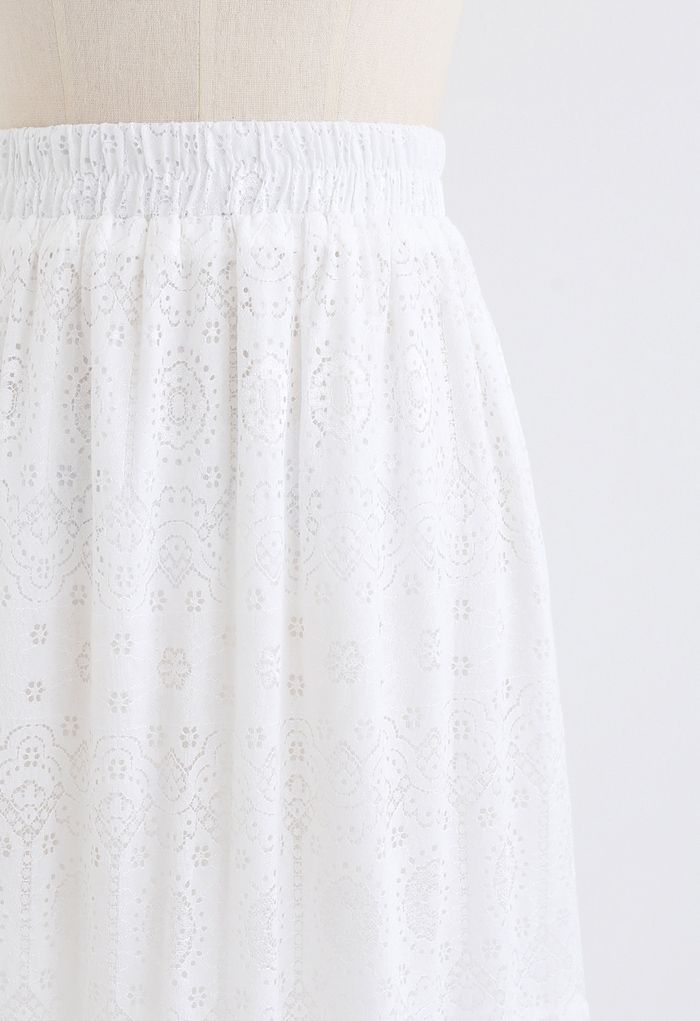 Frill Hem Full Floral Lace Midi Skirt in White