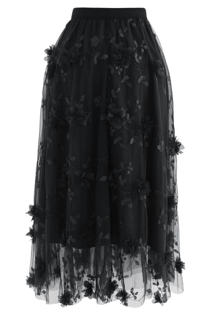 3D Mesh Flower Embroidered Tulle Midi Skirt in Black