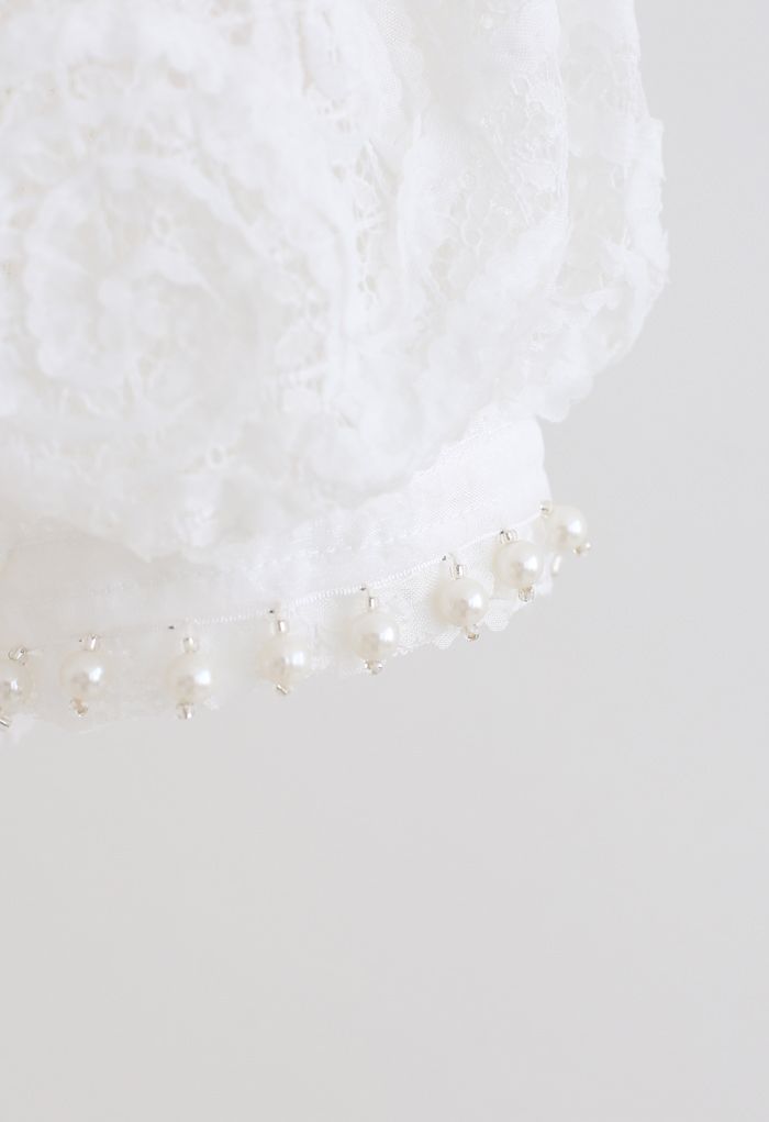 Soft Lace Pearl Trim Cuffs Mesh Crop Top in White