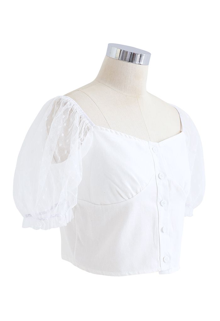 Lace Sleeves Spliced Button Down Crop Top in White