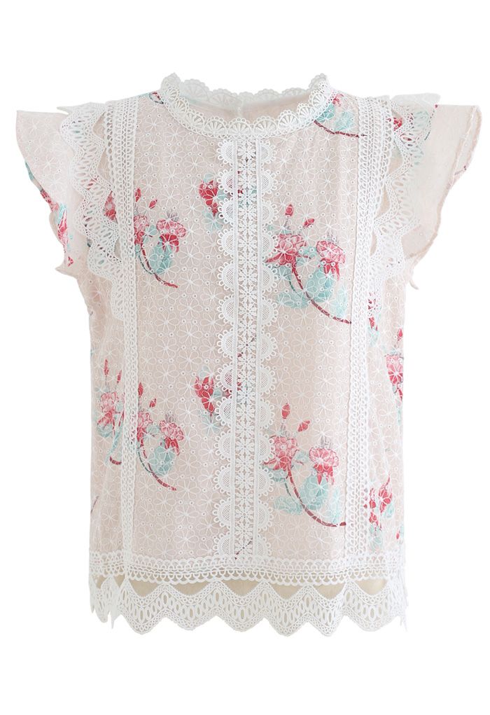 Floral Print Wavy Crochet Embroidered Sleeveless Top in Light Pink