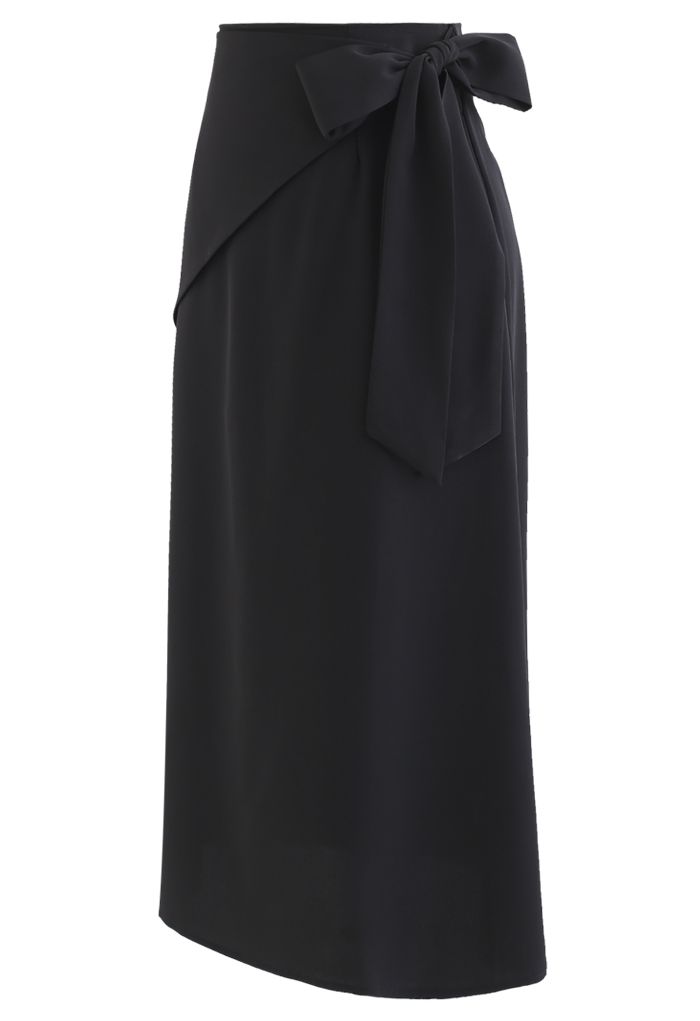 Bow-Tied Waist Shift Midi Skirt in Black