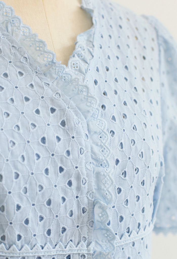 Ruffle Embroidered Button Down Eyelet Dress in Blue