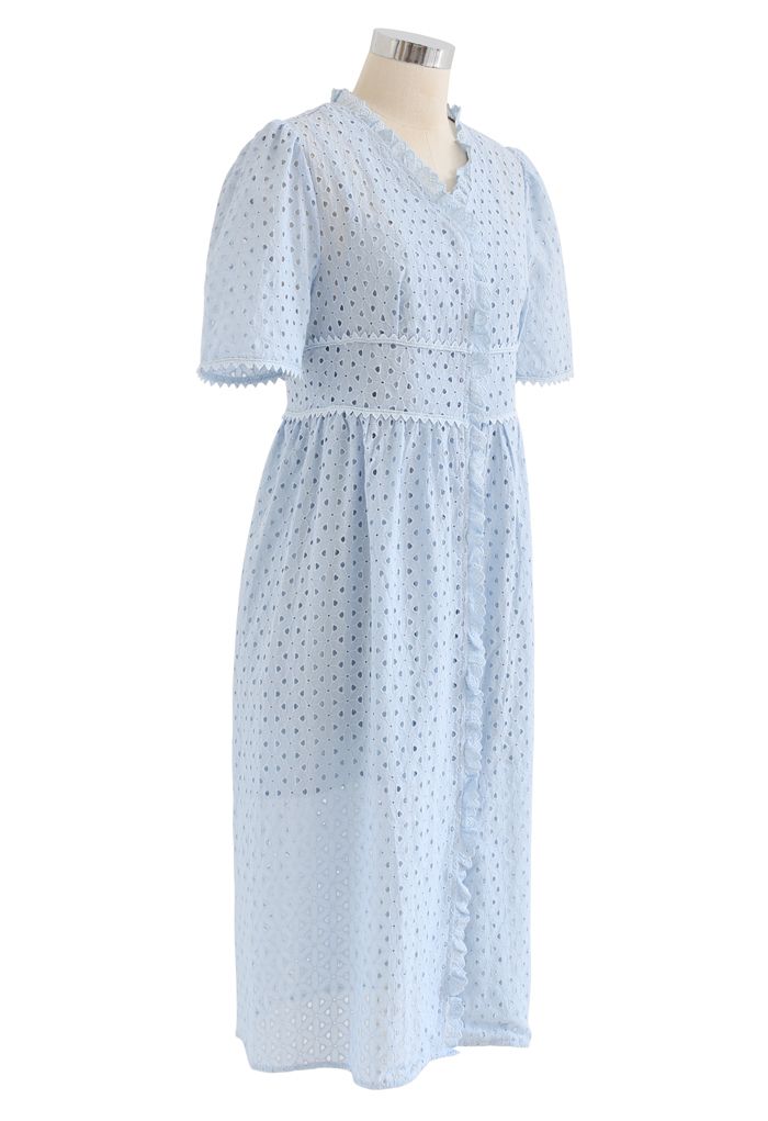 Ruffle Embroidered Button Down Eyelet Dress in Blue
