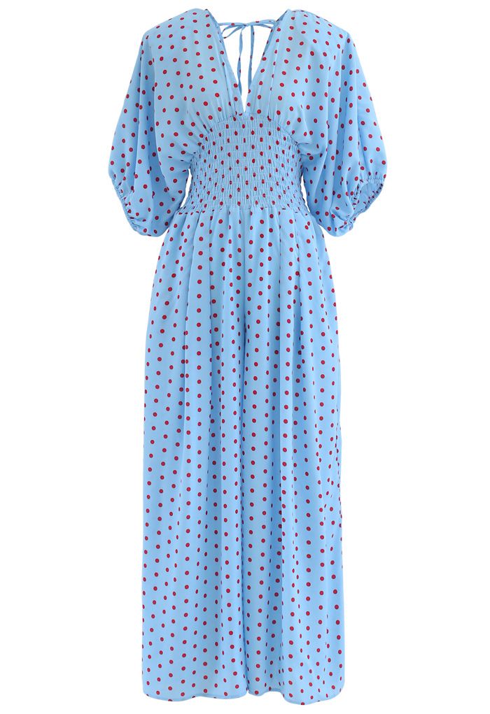 Dot Print Plunging Neck Shirred Wide-Leg Jumpsuit in Blue