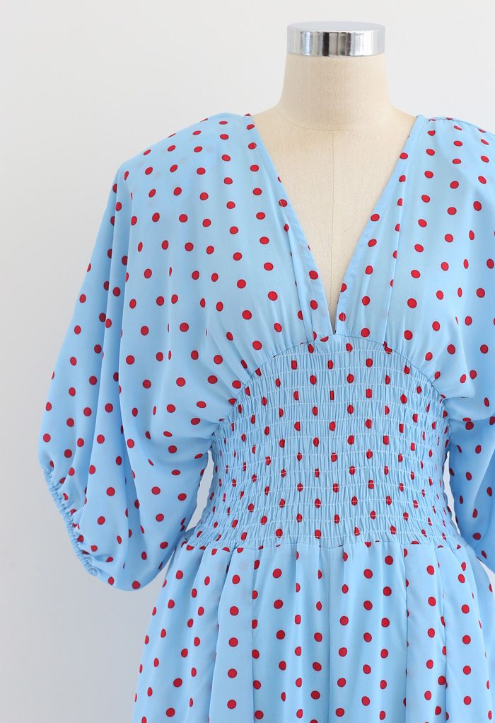 Dot Print Plunging Neck Shirred Wide-Leg Jumpsuit in Blue