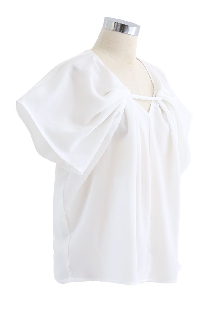 V-Neck Twisted Flare Sleeves Top in White