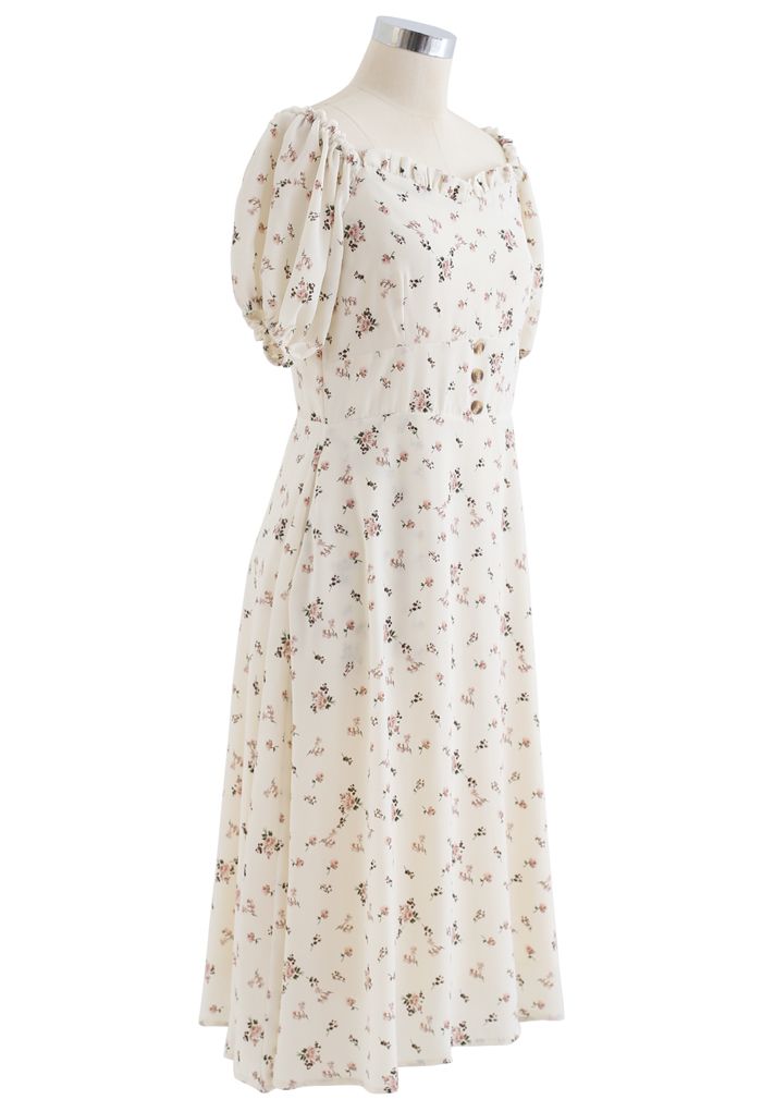 Sweetheart Neck Ditsy Floral Ruffle Midi Dress in Ivory