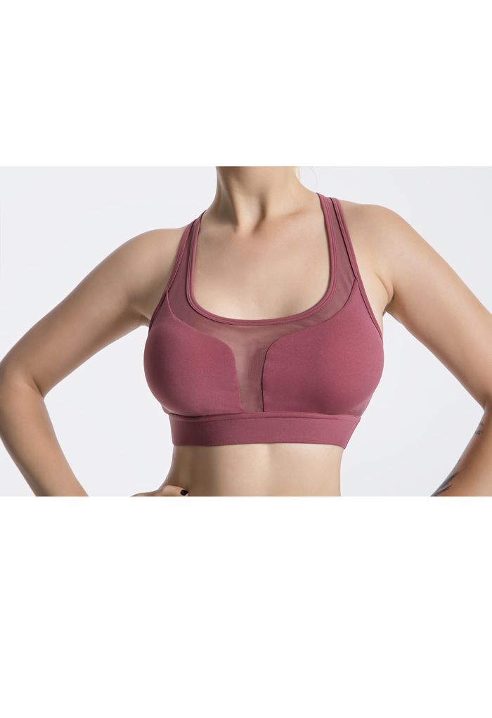 I-Shaped Back Pocket Mesh-Insert Low-Impact Sports Bra in Rust Red