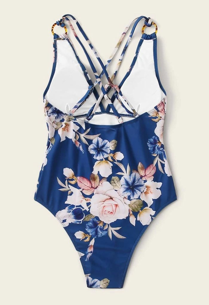 Strappy Crisscross Back Floral One-Piece Swimsuit - Retro, Indie and ...