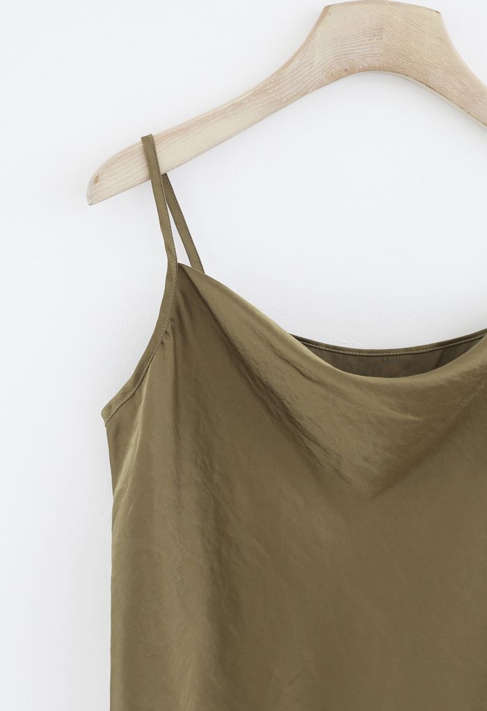 Cowl Neck Satin Cami Top in Army Green
