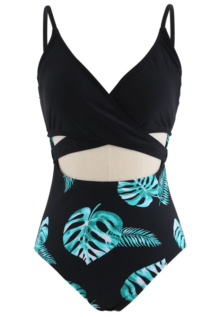 Bowknot Back Tropical Leaf Print Cutout One-Piece Swimsuit