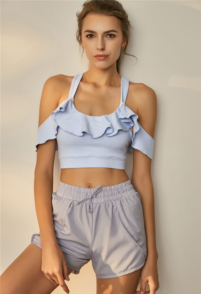 Ruffle Trim I-Shaped Back Low-Impact Sports Bra in Baby Blue - Retro, Indie  and Unique Fashion