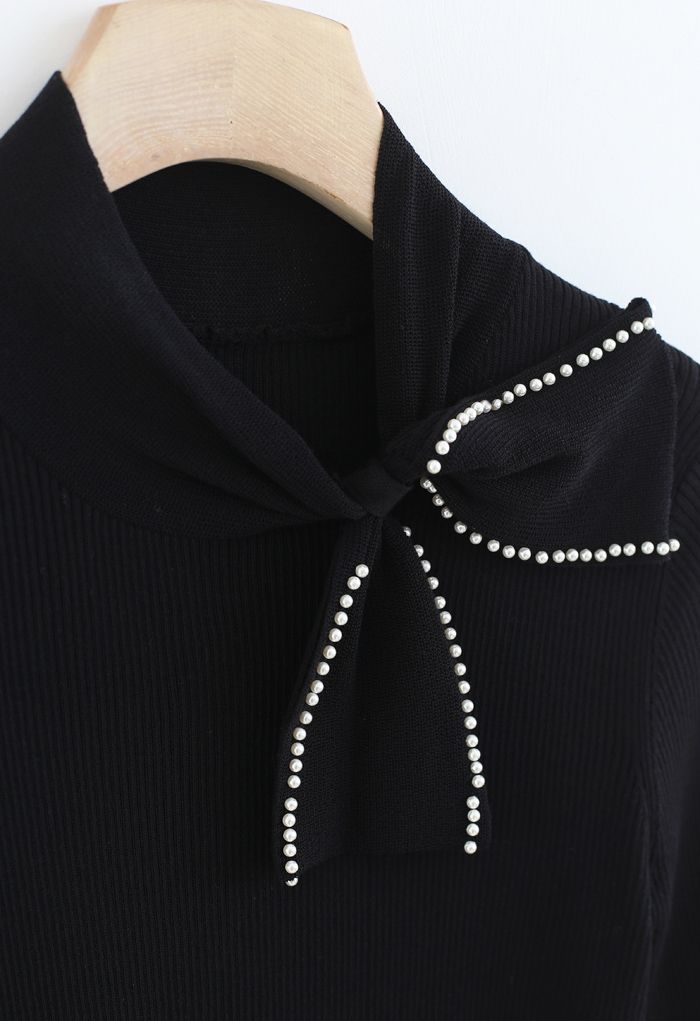 Pearl Trim Bowknot Short Sleeves Ribbed Knit Top in Black