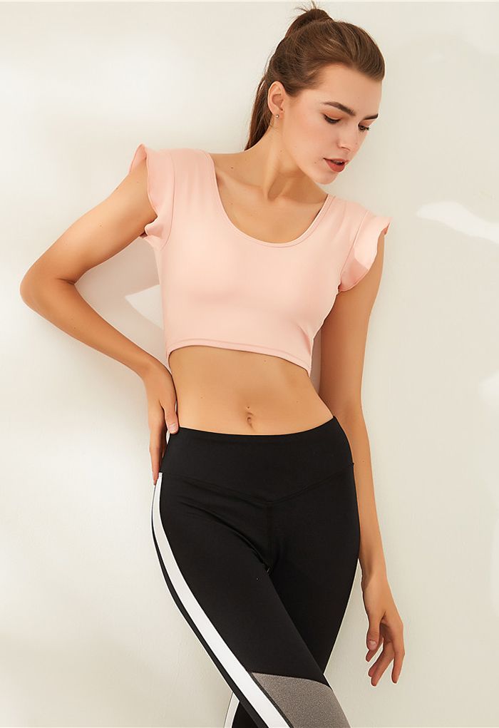 Ruffle Sleeves Scoop Neck Low-Impact Sports Bra in Peach