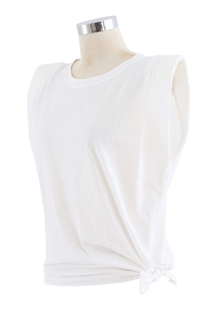 Knot Side Padded Shoulder Sleeveless Top in White