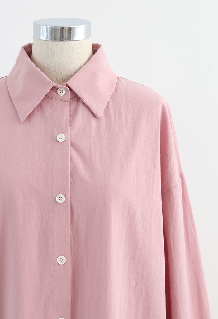Asymmetric Split Hem Button Down Shirt Dress in Pink