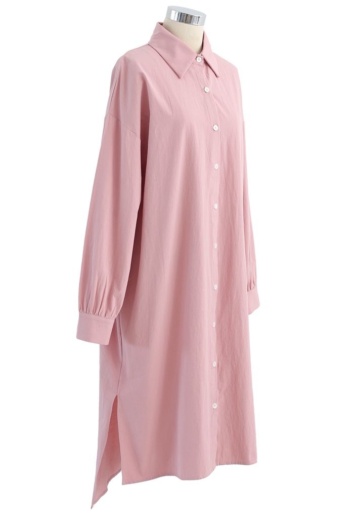 Asymmetric Split Hem Button Down Shirt Dress in Pink