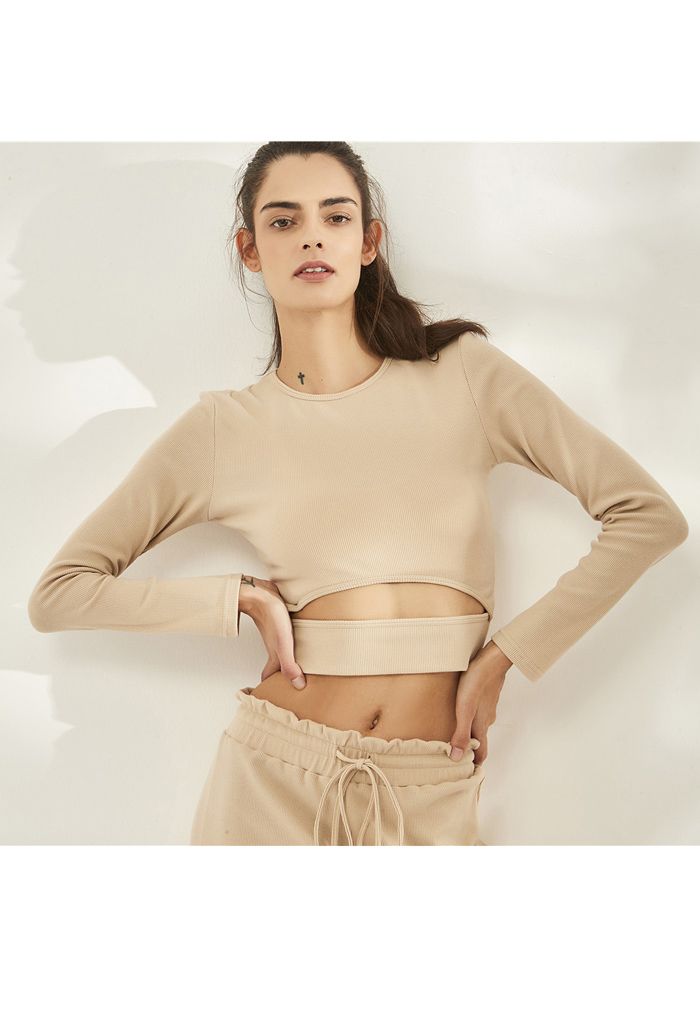 Hollow-Out Waist Sleeves Crop Top in Sand