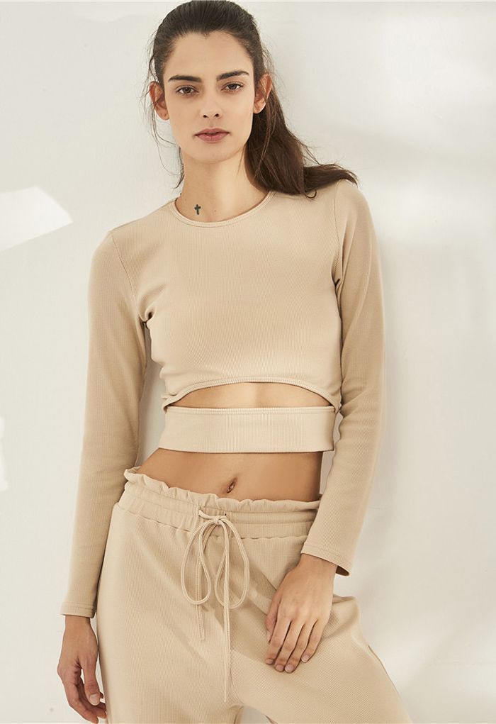 Hollow-Out Waist Sleeves Crop Top in Sand