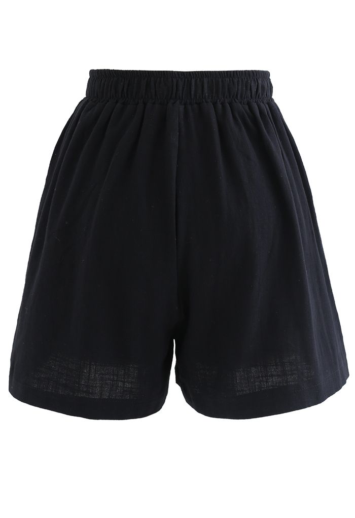 Pintuck Front Pockets Cotton Shorts in Black