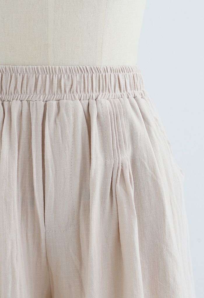 Pintuck Front Pockets Cotton Shorts in Linen