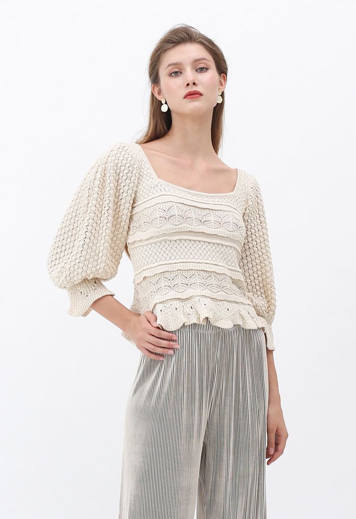 Hollow Out Puff Sleeves Ruffle Knit Top